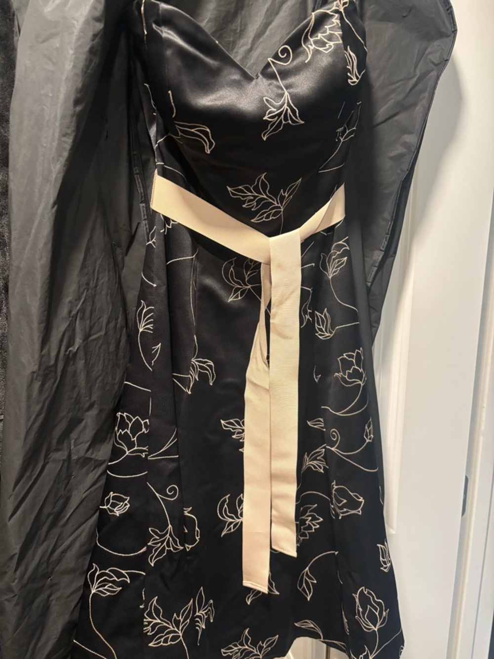 White House Black Market Black Strapless Floral Dress with Cream Sash